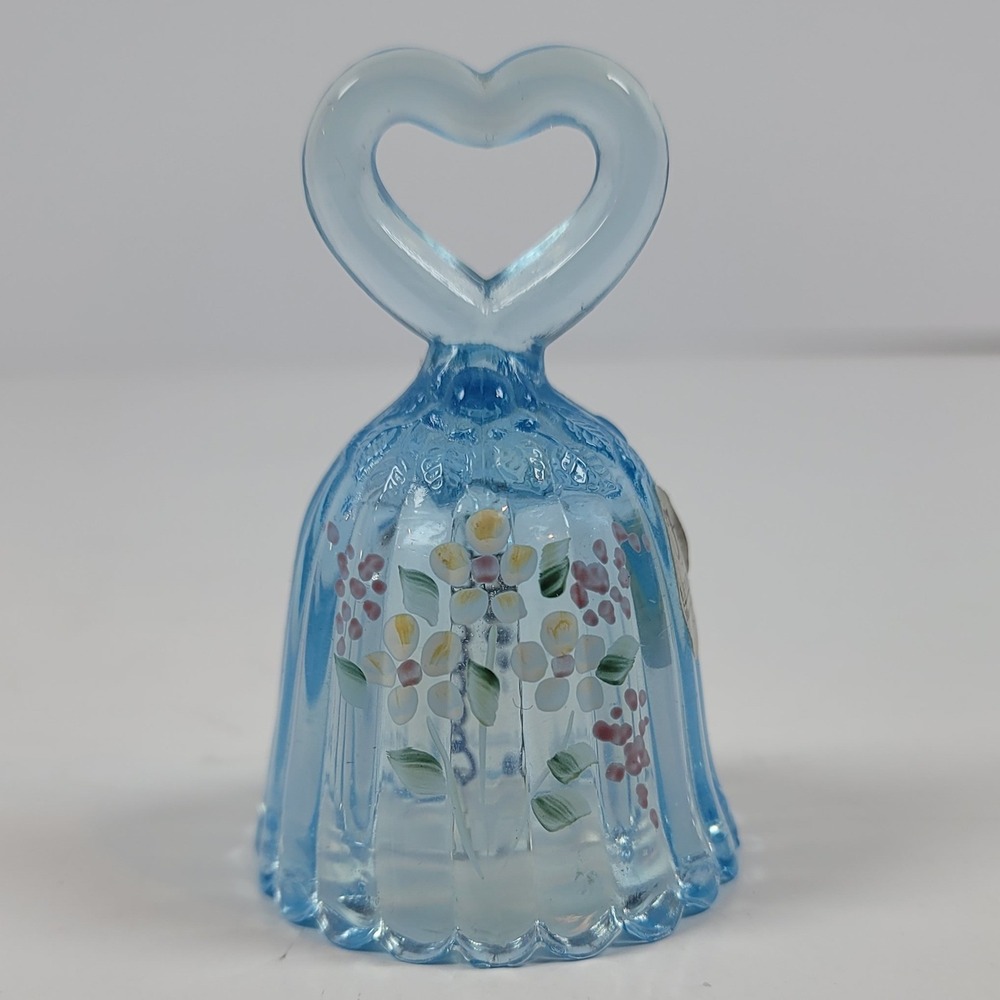 Fenton Blue Art Glass Bell Hand Painted Floral Heart Handle Scalloped Edge 3.25"